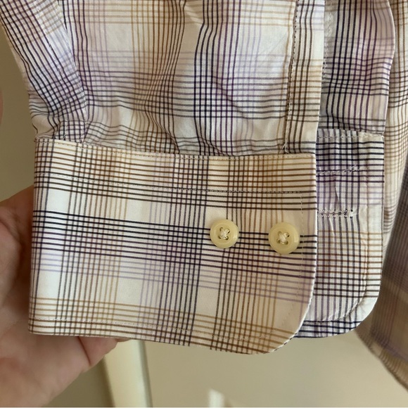 Peter Millar Long Sleeve 100% cotton button down purple tan stripe shirt size L - Picture 4 of 7